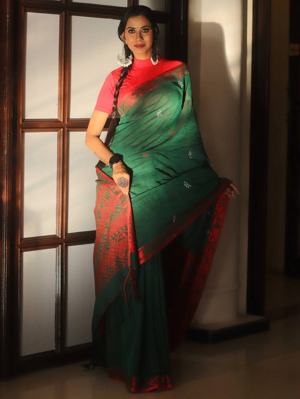 Dark Green Color Soft Linen Saree With Rich Weaving Work