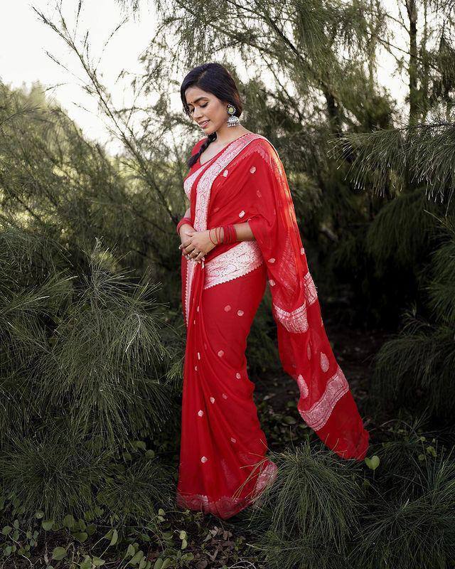 Red Color Linen Soft Cotton Fabric Saree