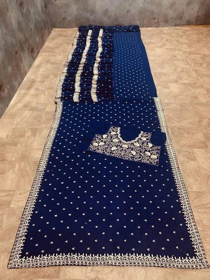 Navy Blue Designer Embroidery Work Party Wear Saree