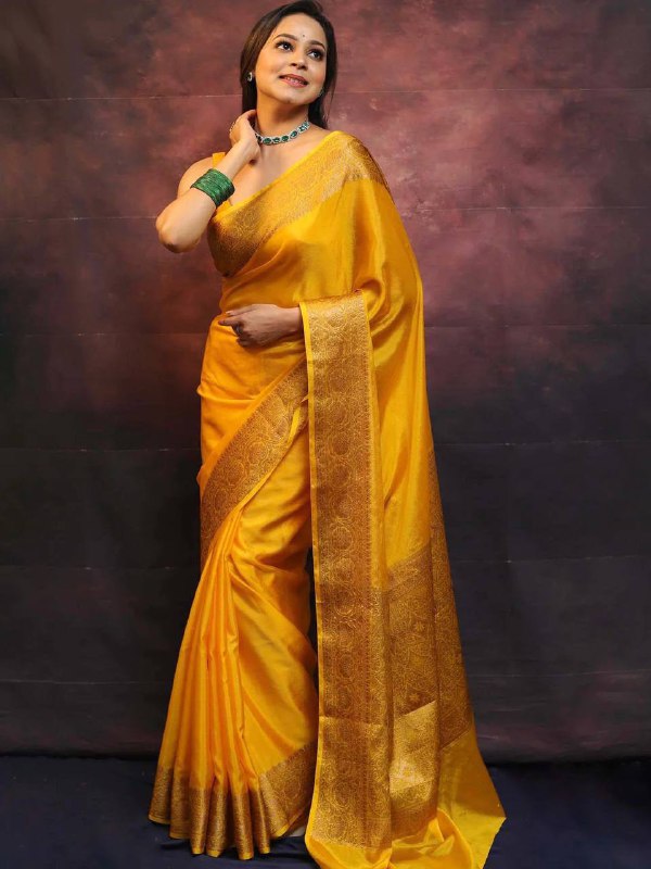 Yellow Color Soft Lichi Silk Saree, Indian Wedding Saree