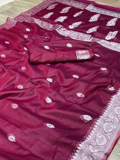 Wine Color Linen Soft Cotton Fabric Saree