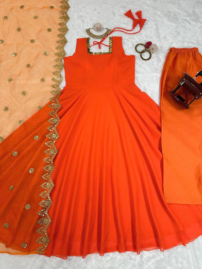 Orange women salwar kameez, Top Pent Dupatta Set, Pakistani Anarkali Gown