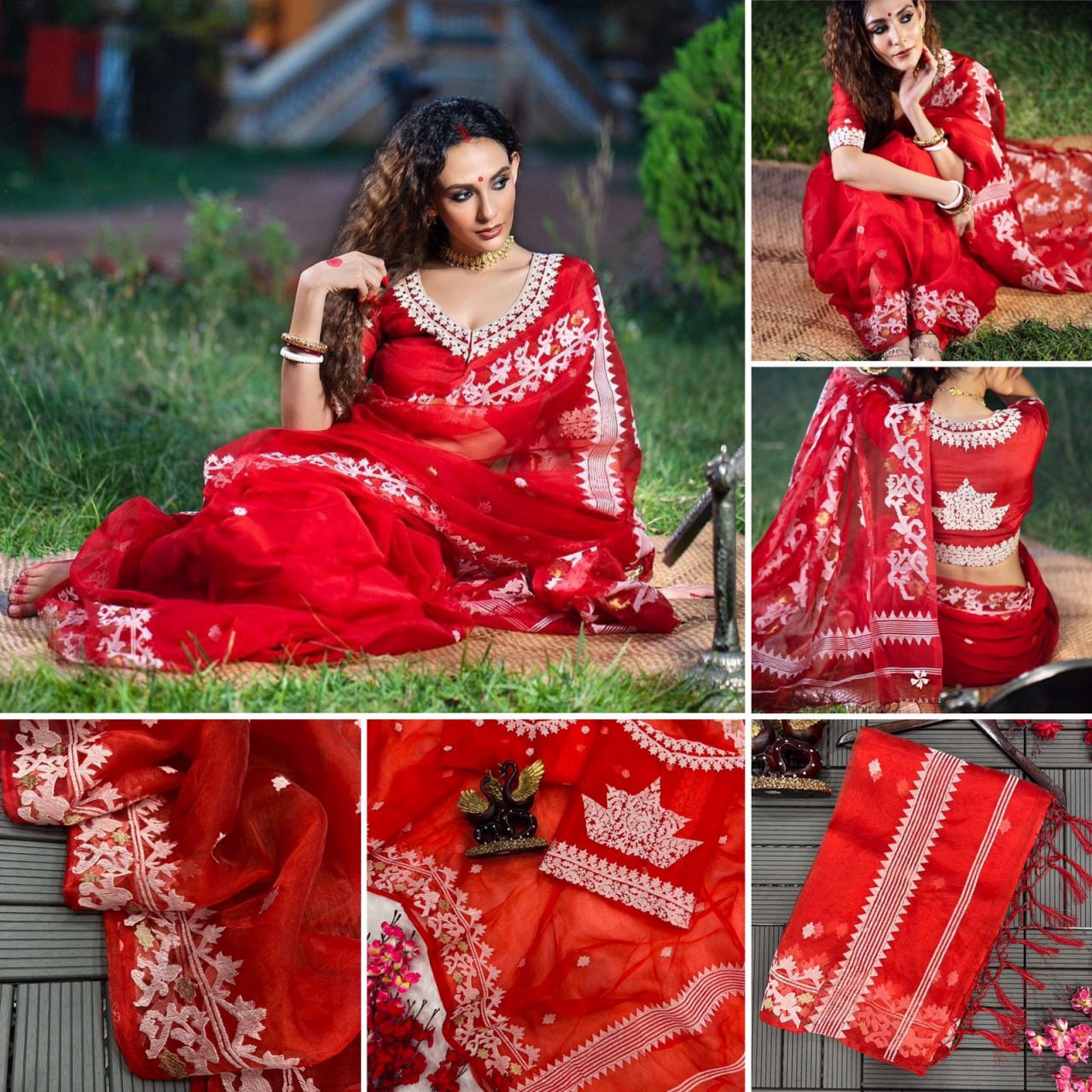 Red Color Organza Fabric Embroidery Work Saree