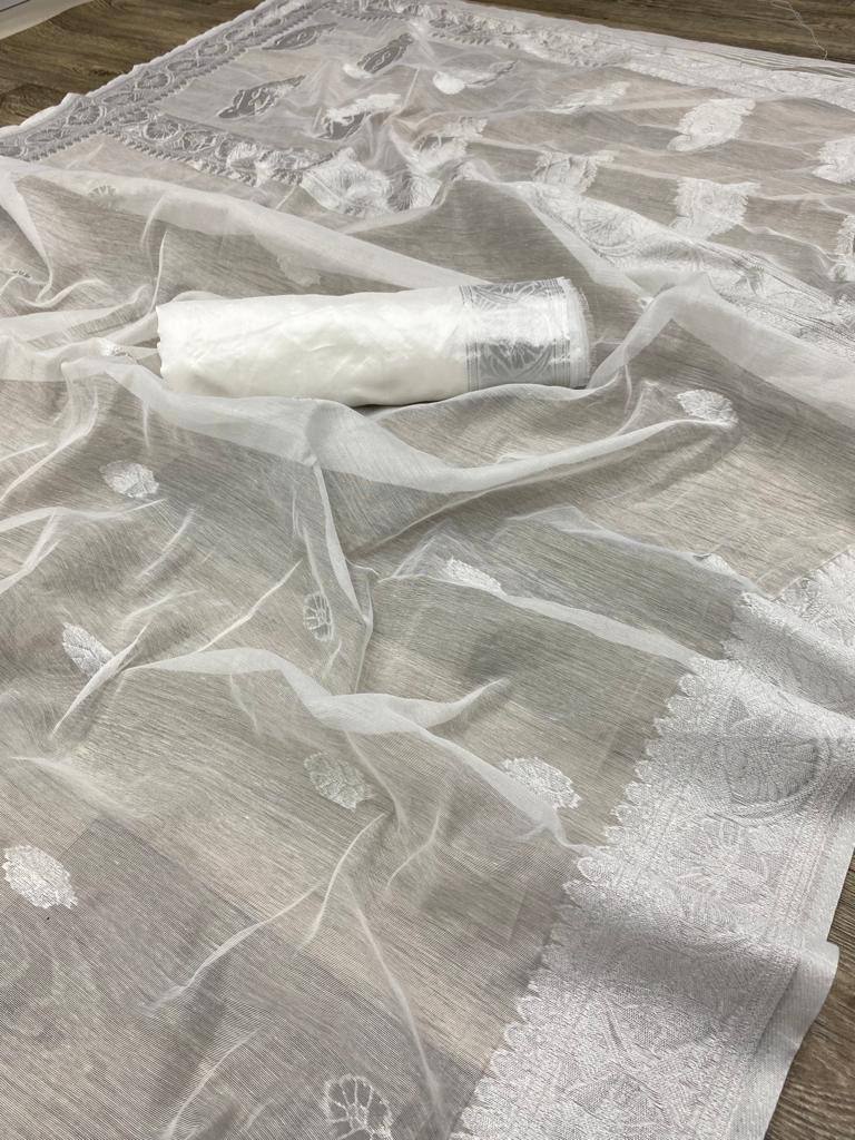 White Color Linen Soft Cotton Fabric Saree