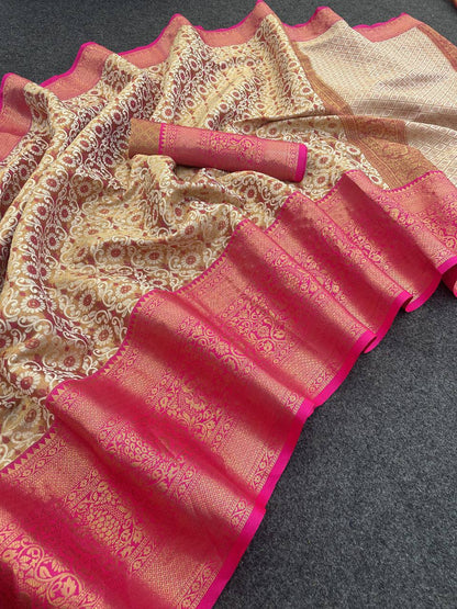 Pure Kanjivaram Silk Saree With Weaving & Contrast Border & Contrast Gold Zari Rich Weaving Pallu