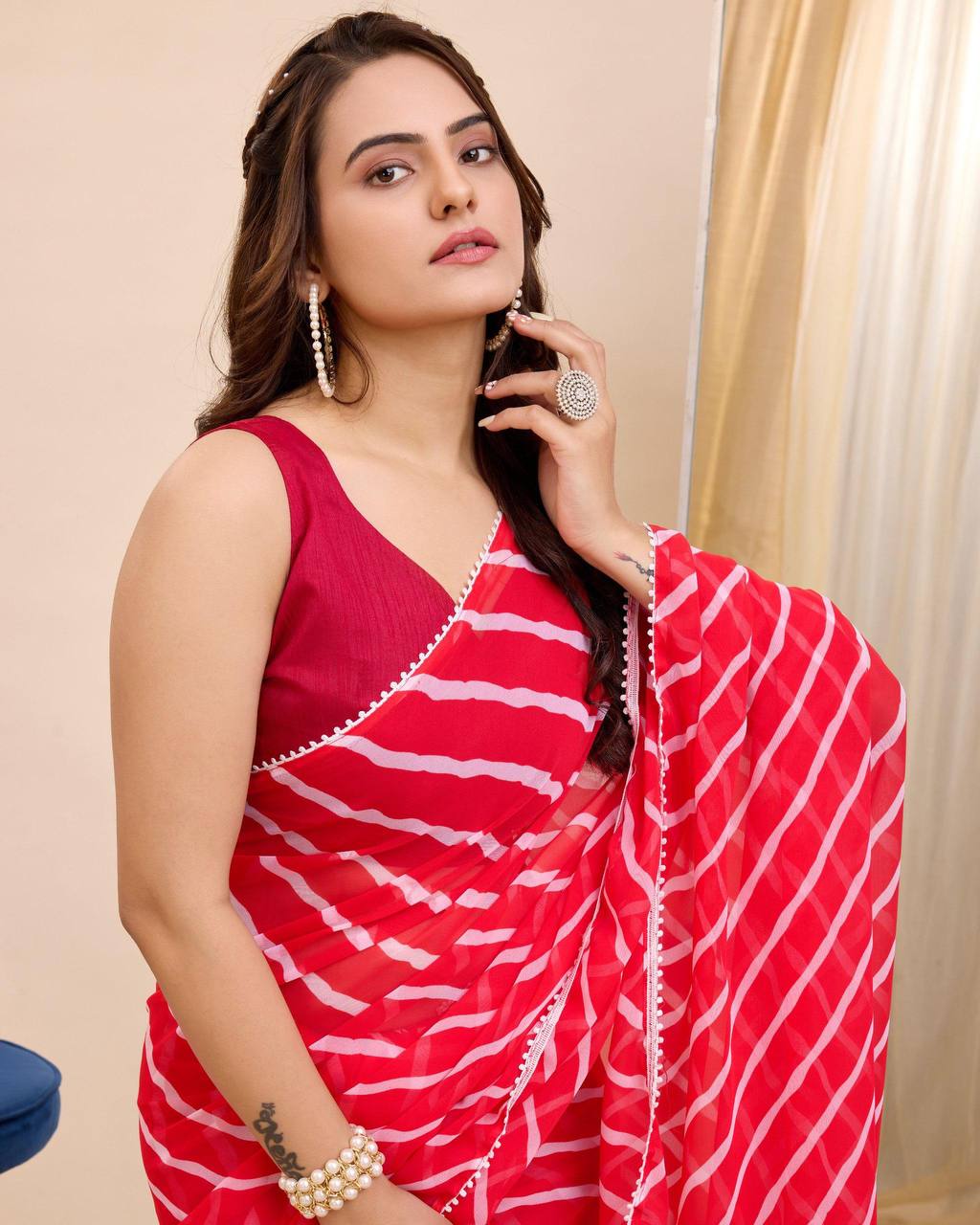 Red Color Soft Georgette Saree With Digital Print And Ready To Wear Saree