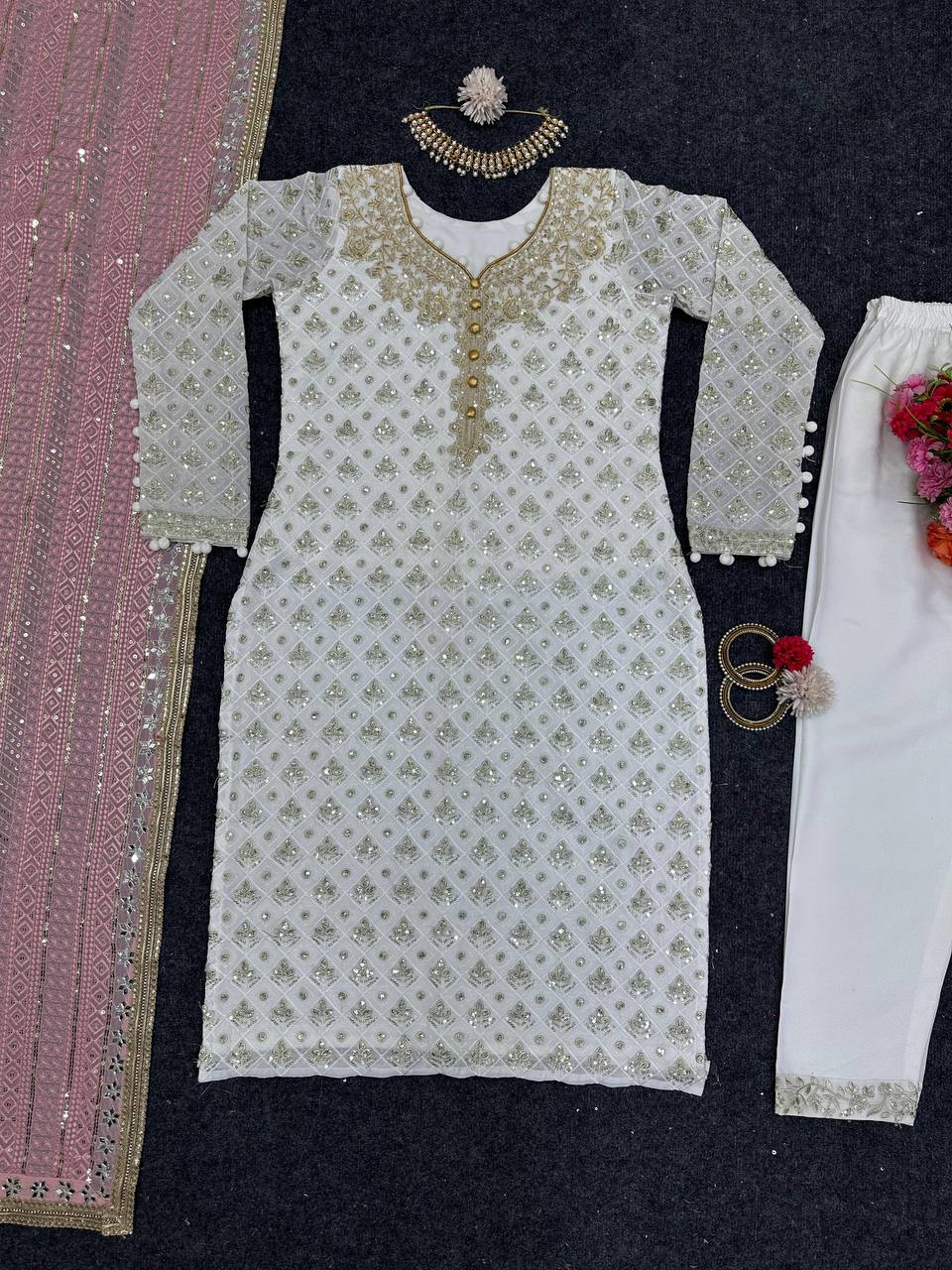 White Color Fox Georgette Dress with Thread and Sequence with potali Button