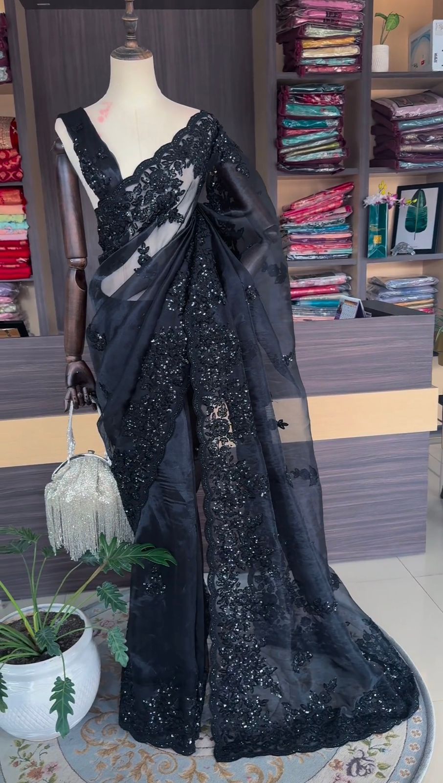 Black Color Organza Silk Saree with Thread and Sequence Work