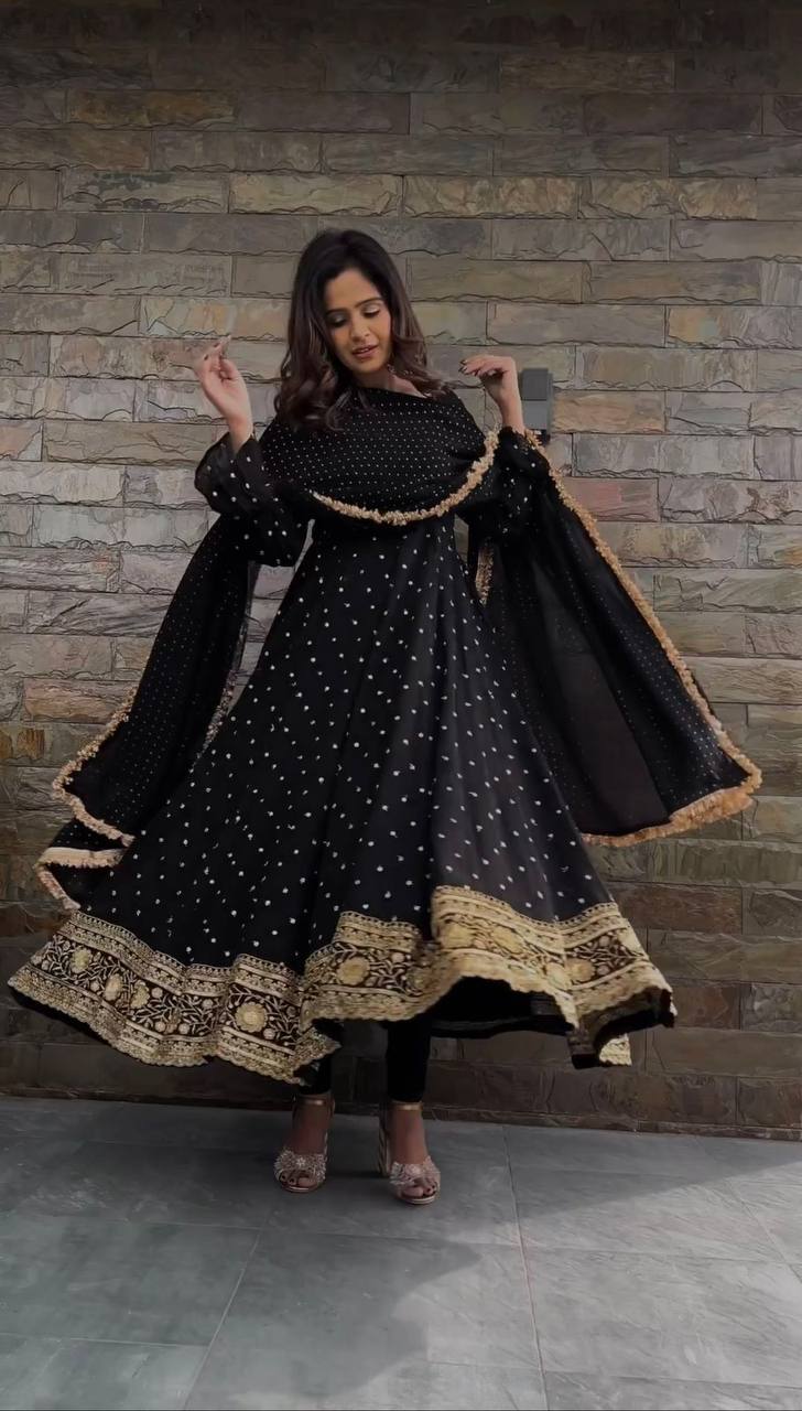 Black Color Traditional Long Gown Dresses With Thread And Sequence Work