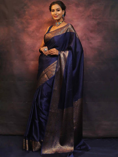 Navy Blue Color Banarasi Silk Saree, Indian Wedding Saree