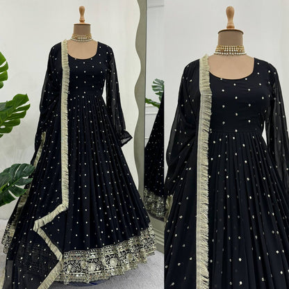 Black Color Traditional Long Gown Dresses With Thread And Sequence Work