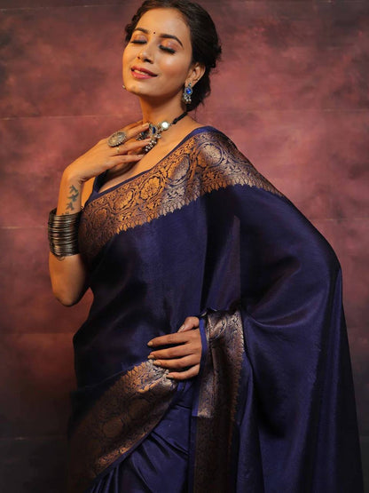 Navy Blue Color Banarasi Silk Saree, Indian Wedding Saree