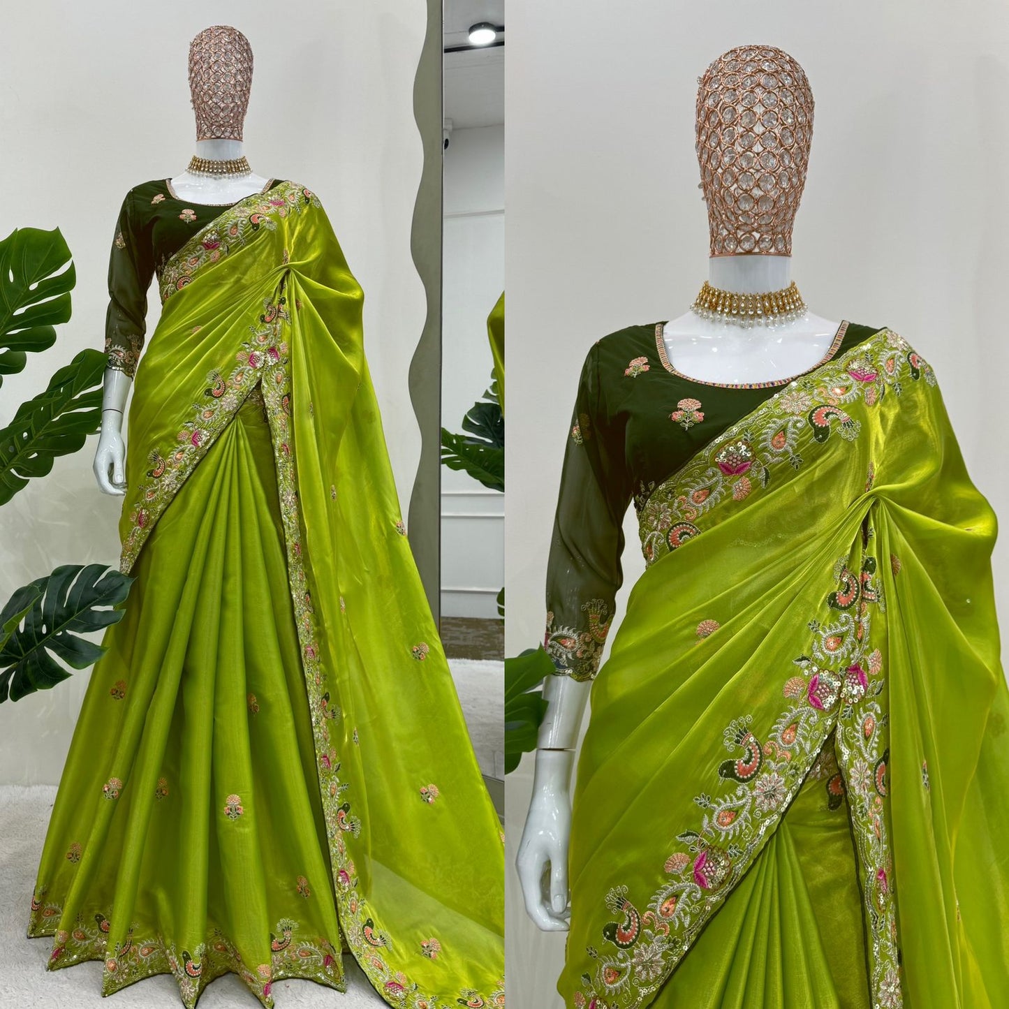 Perrot Green Designer Saree, Indian Wedding Saree, Party Wear Saree, Bollywood Saree, Designer Saree Blouse