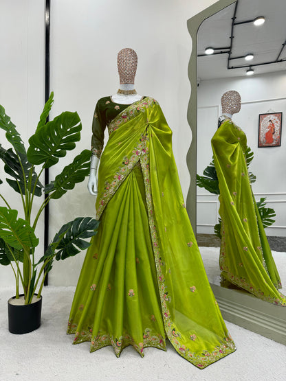 Perrot Green Designer Saree, Indian Wedding Saree, Party Wear Saree, Bollywood Saree, Designer Saree Blouse