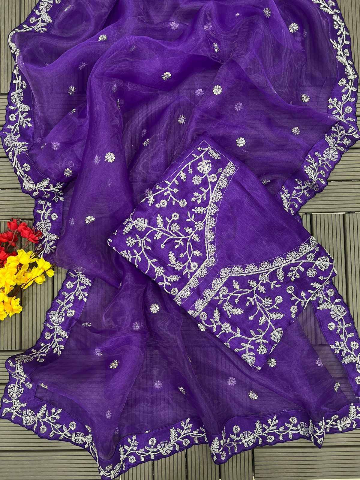 Purple Color Organza Saree, Designer Embroidery Saree, Party Wear Saree