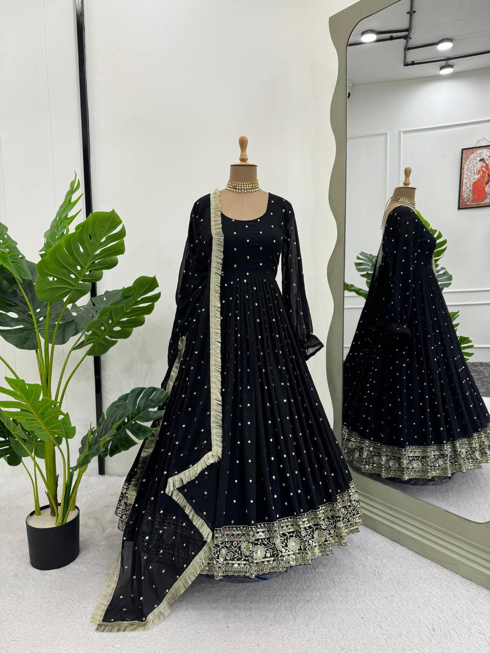 Black Color Traditional Long Gown Dresses With Thread And Sequence Work