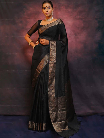 Black Color Soft Banarasi Silk Saree With jacquard Weaving