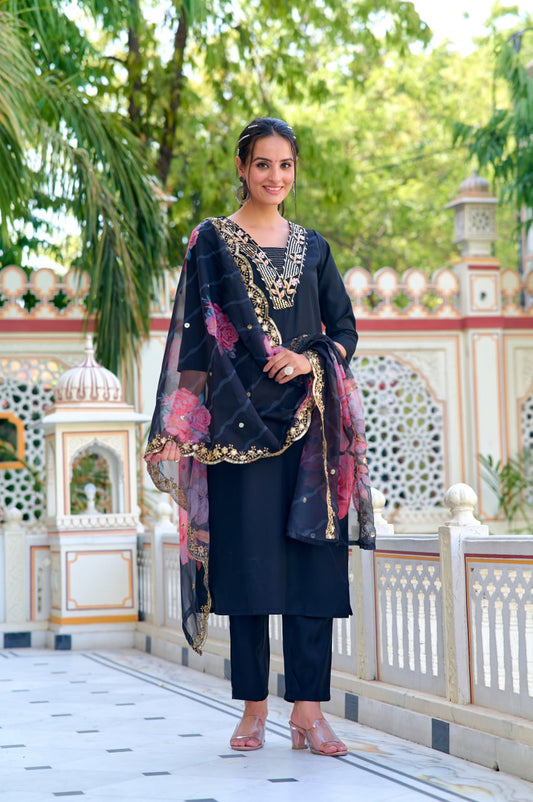 Black Color Chanderi Silk Kurti Set With Embroidery Work