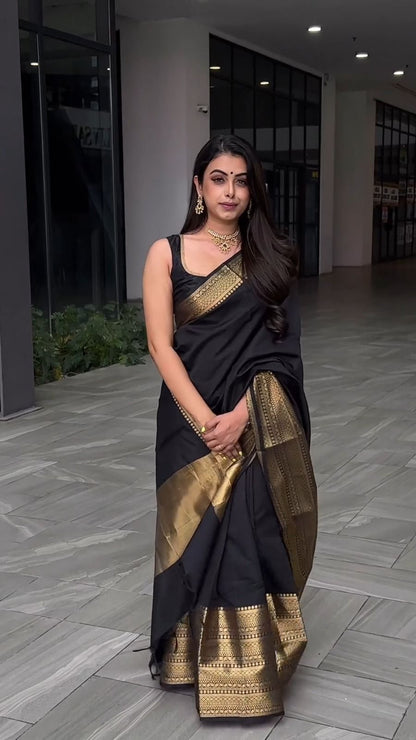 Black Color Soft Banarasi Silk Saree With jacquard Weaving