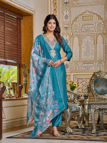 Blue Color Chanderi Fabric Kurti Set With Embroidery