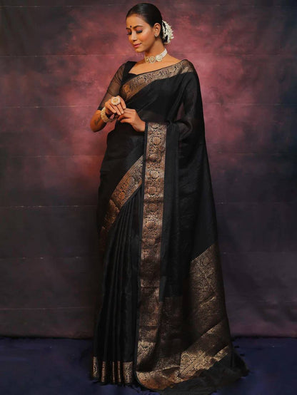 Black Color Soft Banarasi Silk Saree With jacquard Weaving