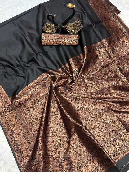 Black Color Soft Banarasi Silk Saree With jacquard Weaving