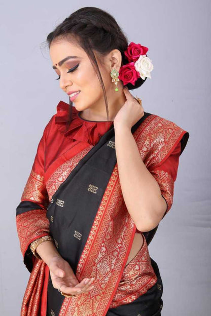 Black Color Soft Lichi Silk Saree With Jecquard Weaving