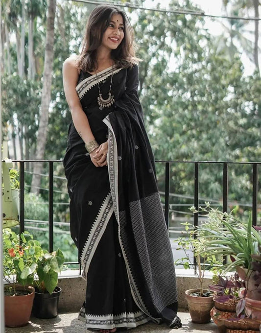 Black Color Linen Soft Cotton Fabric Saree