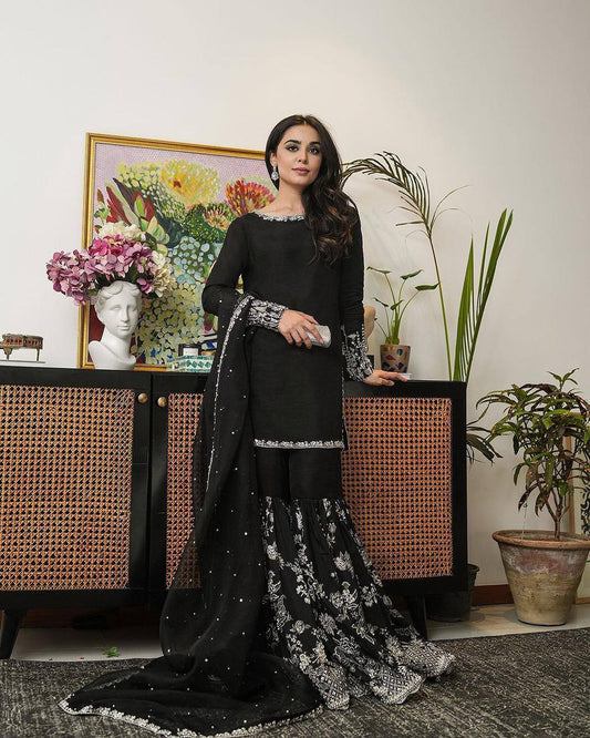 Black Color Georgette Sharara Suit With Thread and Sequence Work