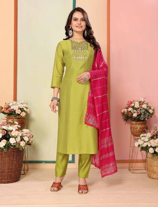 Perrot Color Women Kurti Set, Muslim Dresses, Punjabi dress,Women Suit Pent Dupatta Set