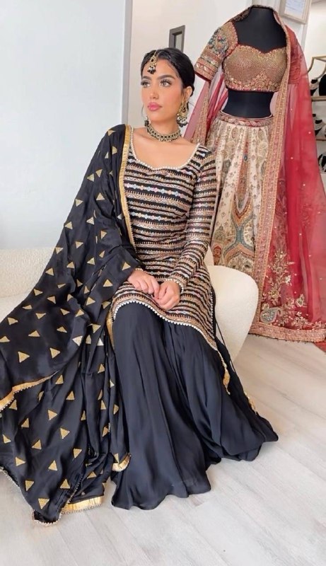 Black Color Chinon Silk Sharara with Thread and Sequin Work