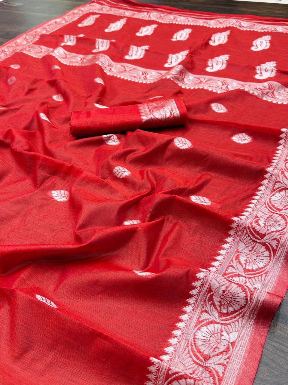 Red Color Linen Soft Cotton Fabric Saree