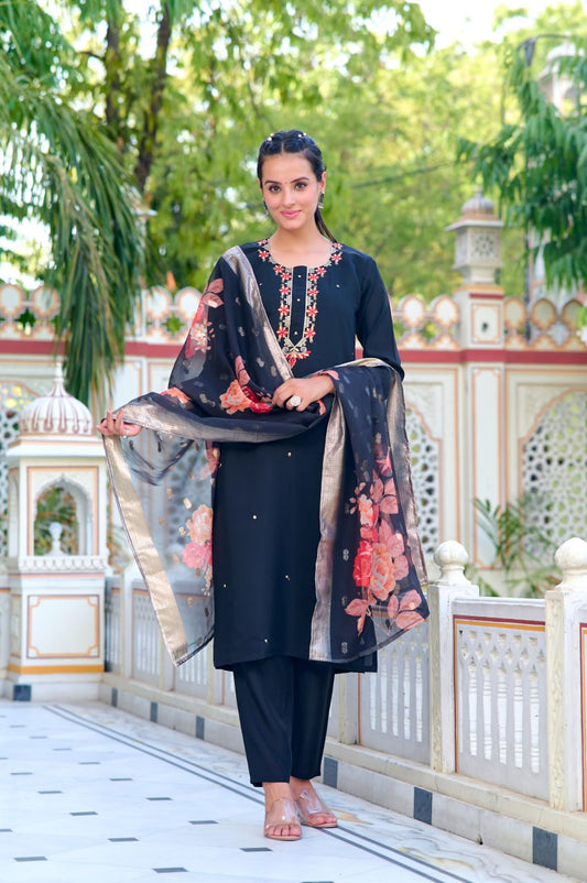 Black Color Chanderi Silk Kurti Set With Embroidery Work