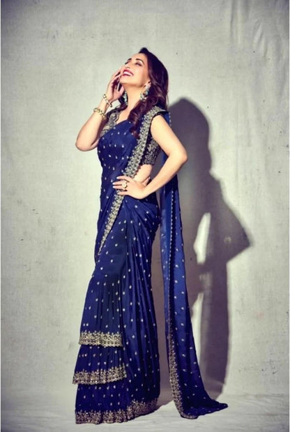 Navy Blue Designer Embroidery Work Party Wear Saree