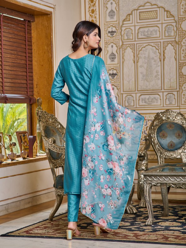 Blue Color Chanderi Fabric Kurti Set With Embroidery