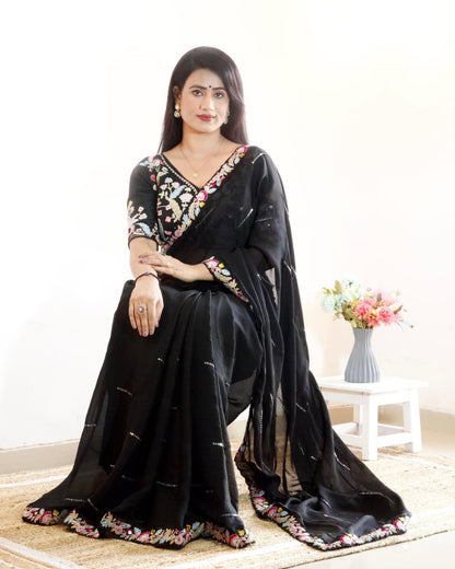 Black Color Rangoli Silk Saree With Embroidery Work