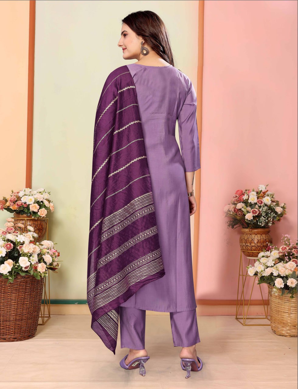 Lavender Kurti Set, Women Dresses, Muslim Dresses, Suit Pent Dupatta Set