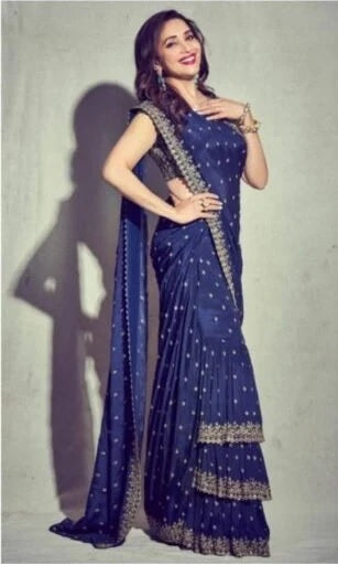 Navy Blue Designer Embroidery Work Party Wear Saree