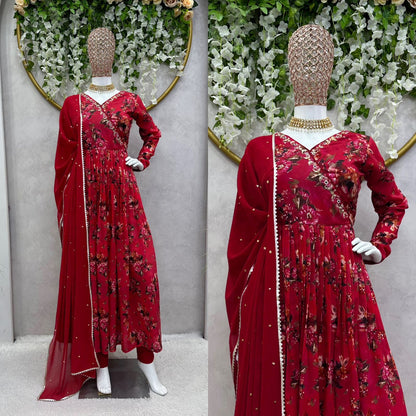 Red beautiful Designer Suit On Muslin Cotton febric, Party Wear Dress, Regular Use Dresses