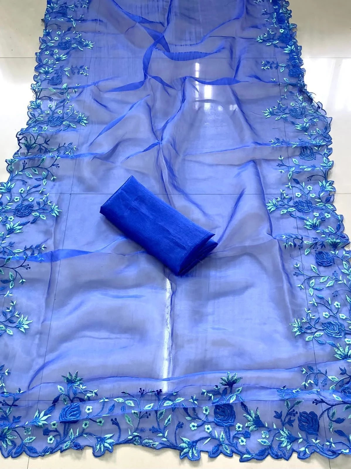 Blue Color Organza Saree With Embroidery Work