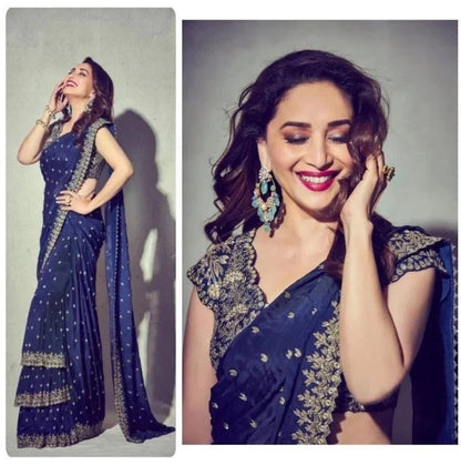 Navy Blue Designer Embroidery Work Party Wear Saree