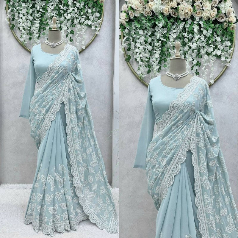 Blue color Faux Georgette Saree with Thread and Sequence Work