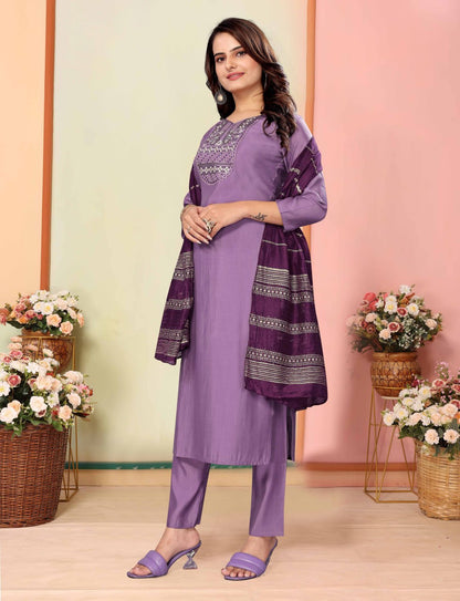 Lavender Kurti Set, Women Dresses, Muslim Dresses, Suit Pent Dupatta Set