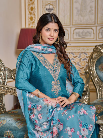 Blue Color Chanderi Fabric Kurti Set With Embroidery