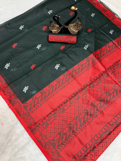 Dark Green Color Soft Linen Saree With Rich Weaving Work