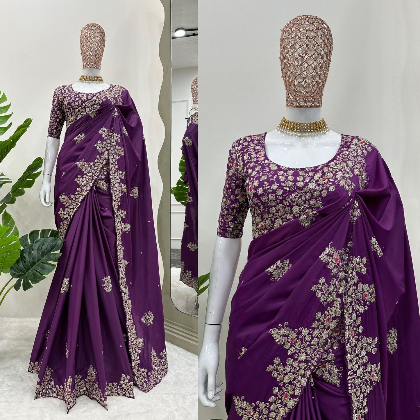 Wine Color Embroidery Work Designer Saree, Jimmy Chu Saree, Bolly Wood Style Party Wear Saree