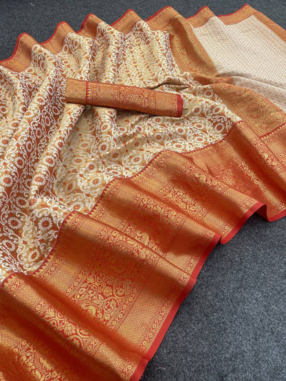 Pure Kanjivaram Silk Saree With Weaving & Contrast Border & Contrast Gold Zari Rich Weaving Pallu