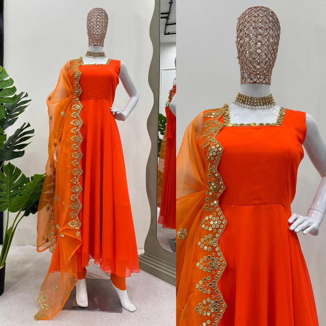 Orange women salwar kameez, Top Pent Dupatta Set, Pakistani Anarkali Gown