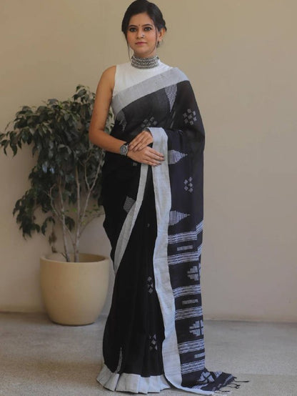 Black Color Soft Linen Saree With Weaving