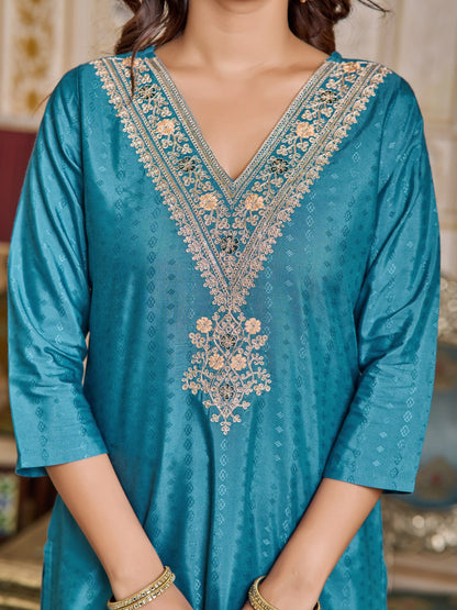 Blue Color Chanderi Fabric Kurti Set With Embroidery